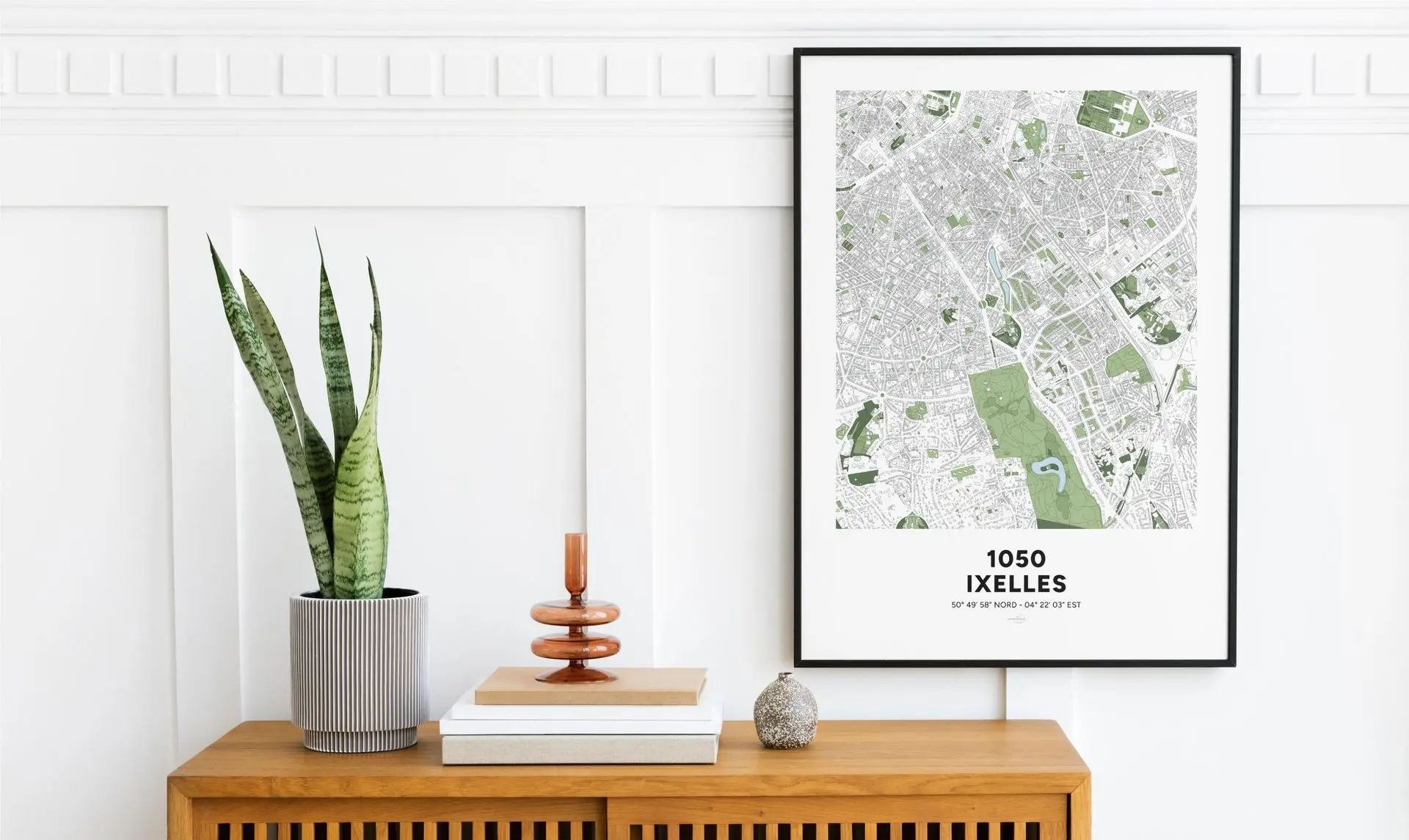 Carte décorative détaillée d'Ixelles, à Bruxelles, en affiche murale minimaliste.