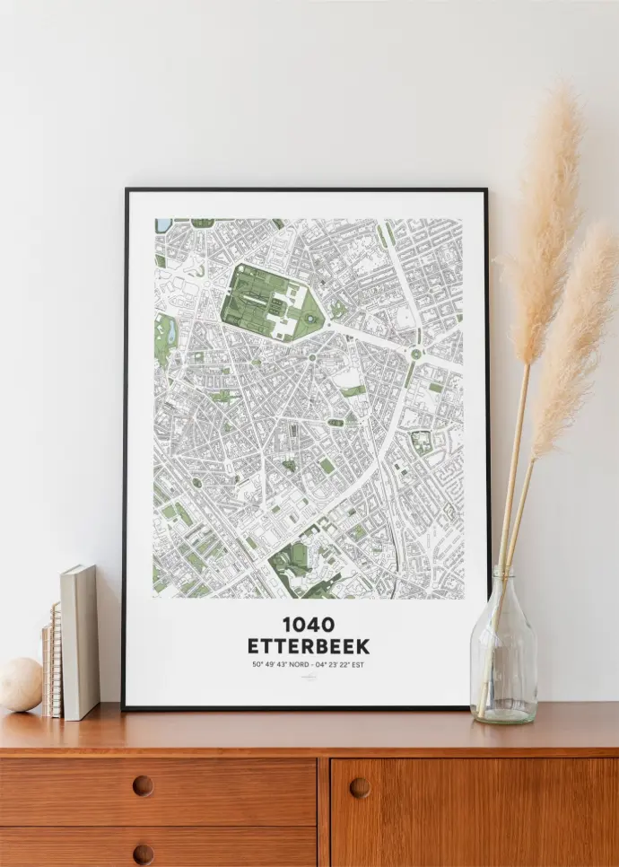 Affiche avec la carte décorative de de la commune de d'Etterbeek, à Bruxelles.