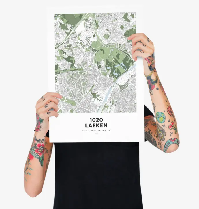 Affiche avec la carte décorative de la commune de Laeken.