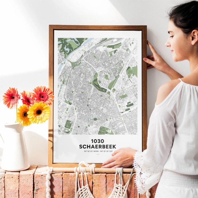 Poster avec la carte design de la commune de Schaerbeek, à Bruxelles.